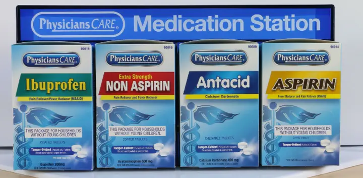Recalled PhysiciansCare Medication Station with outer station includes Ibuprofen, Extra Strength Non Aspirin, Antacid and Aspirin in 50 Tablets (25 Packets, 2 tablets each)