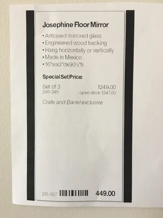 The hangtag that came with the mirror has the number 215-037 printed next to the bar code