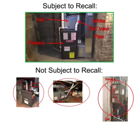 Recalled evaporator coil drain pans installed with condensing gas furnaces