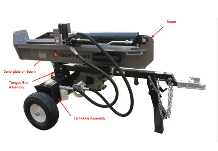The model and serial numbers can be found on a label located on the beam of each log splitter.