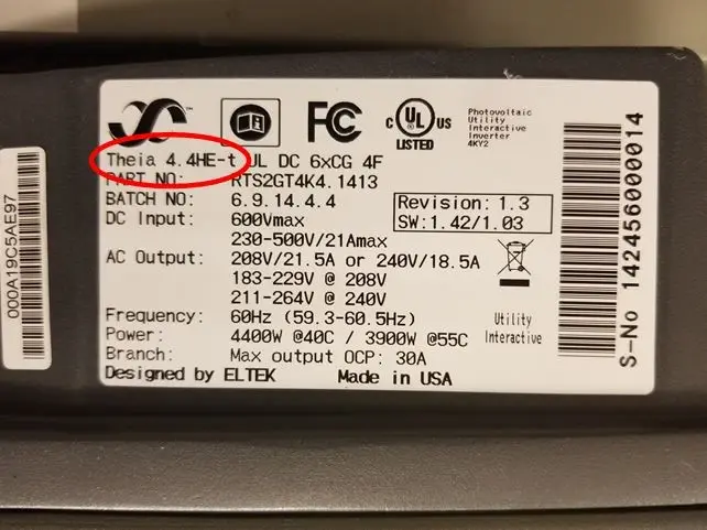 Label with model designation "THEIA" and "HE-t"