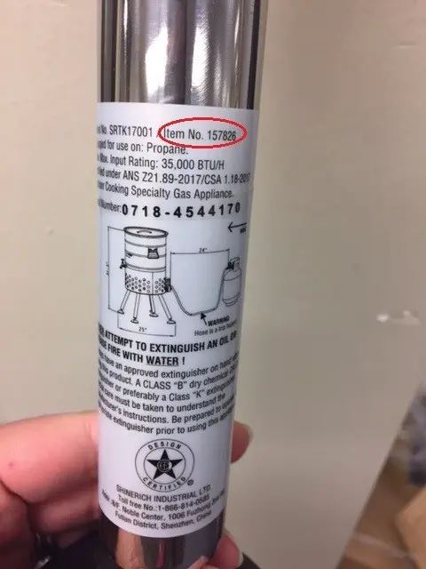 Label of recalled Academy Sports + Outdoors Outdoor Gourmet Turkey Keg.