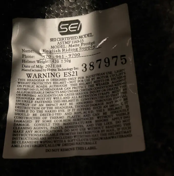 SEI certification label inside the helmets