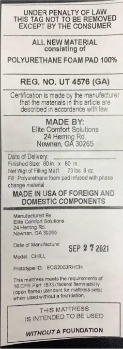 Recalled Nectar Premier mattress labeling