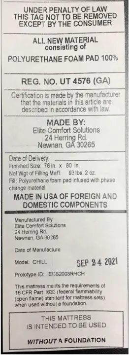 Recalled Nectar Premier mattress labeling