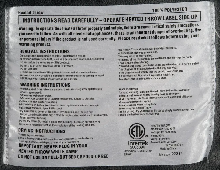 Photo from the official notice: Shop LC Recalls Electric Blankets Due to Fire and Burn Hazards (Recall Alert)