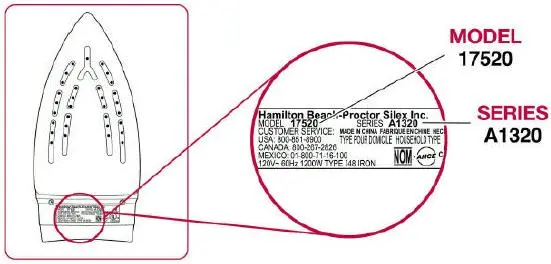 Recalled Proctor-Silex steam iron diagram, showing location of model number