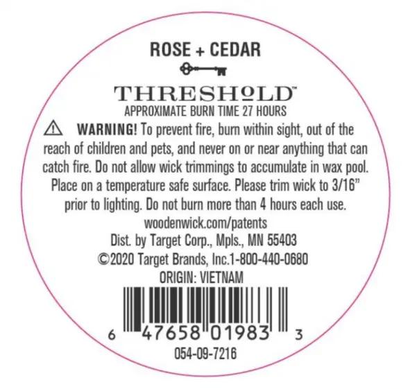 Recalled Threshold Candle Product Label Example Located on the Bottom of the Glass Jar
