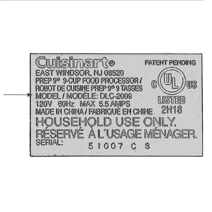 Rating plate on bottom of recalled Cuisinart food processor with riveted blades