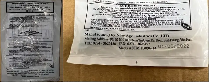 Packaging containing the recalled New Age tip restraint kits, stating "Manufactured by New Age Industries" at the bottom