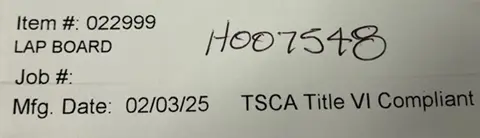 Example Label on Bottom of Furniture with Item Number