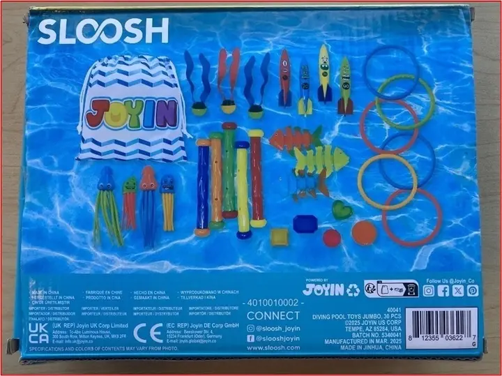 Recalled Sloosh Dive Sticks, Model 40041 (back of box)