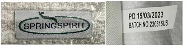 Spring Spirit is printed on a tag located on one side of the mattress, and batch number 230315US and the manufacture date are printed on another tag located on the opposite side of the mattress