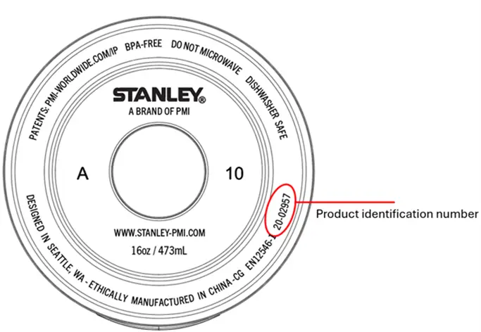 The product identification number is located on the bottom of the mug