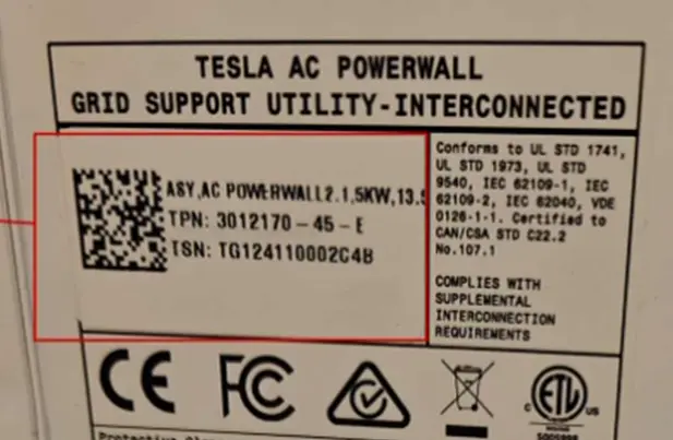 Recalled Powerwall 2 AC Battery System (Product Nameplate Sticker)