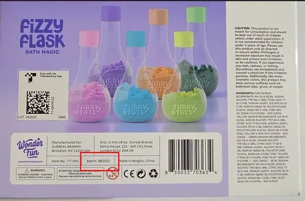 Recalled Tubby Tots Fizzy Flask Bath Magic bath foam set – Batch number 082025 location