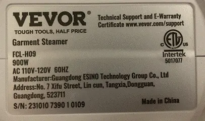 Label on underside of recalled VEVOR Garment Steamer