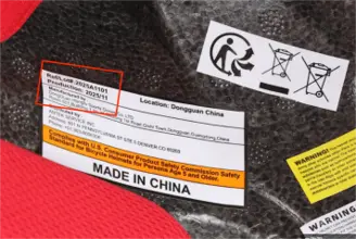 Ref/Lot# 2025A1101' and "Production: 2025/11" are printed on a label on the inside of the recalled Victgoal children's helmet
