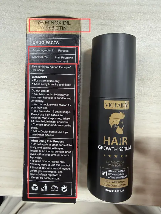 Recalled VIOFAIRY Hair Growth Serum bottle and packaging (Back)