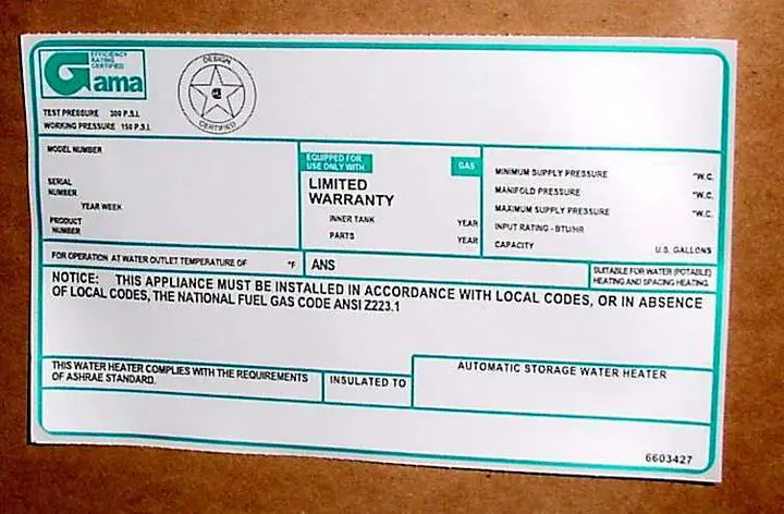 Sticker showing serial number on recalled water heater