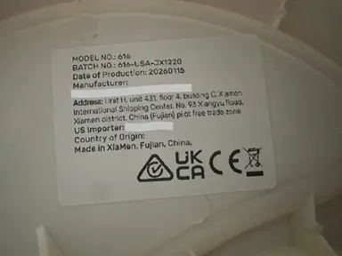 "Model No: 616" printed on a white label located under the tray