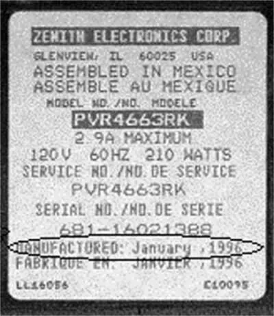 Label with date of manufacture on Recalled Zenith analog projection television