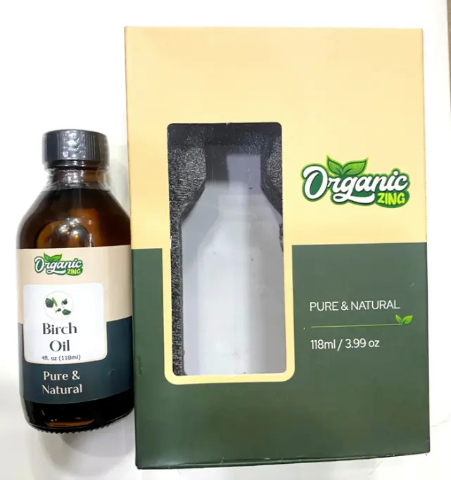 Recalled Organic Zing Birch Essential Oil Bottle and packaging