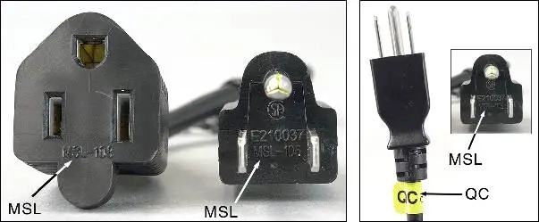 The letters "MSL" are imprinted on the recalled cord's three-pronged plug
