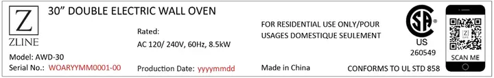 Label information of recalled ZLINE oven