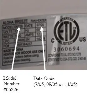 Label with model number and date code