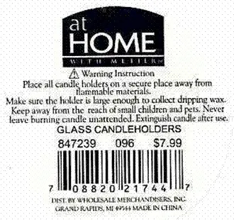 Label on Recalled Candleholder