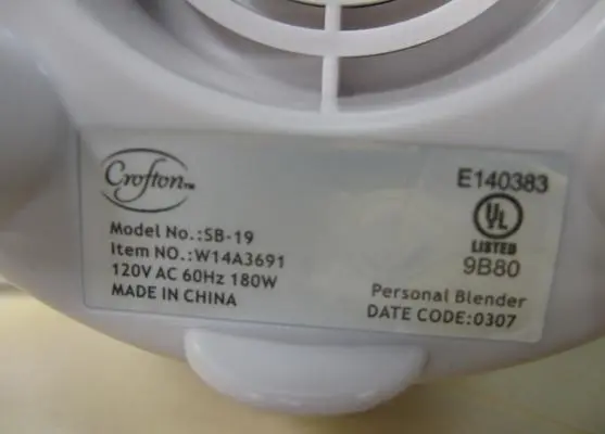 Recalled Crofton Personal Blender label