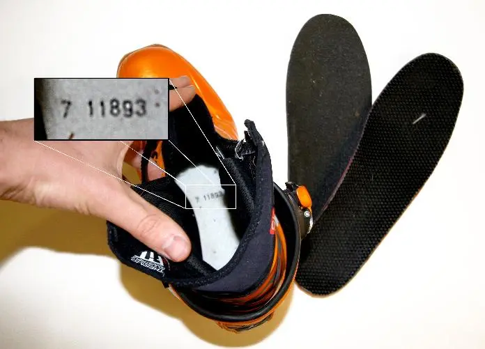 Location of 6-digit lot number on Recalled Cross-Country Boots