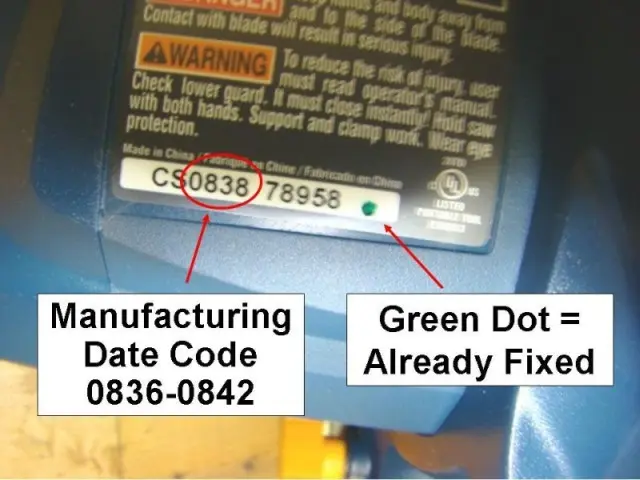 Manufacturing date code 0836-0842 and a green dot indicating this saw was already fixed