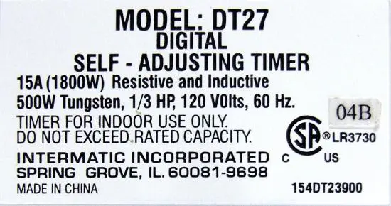 Label on Recalled Digital Timer