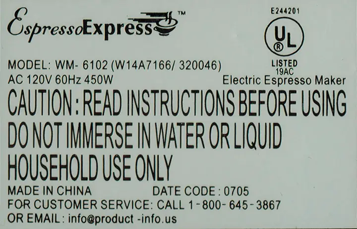 Recalled Espresso Maker Label