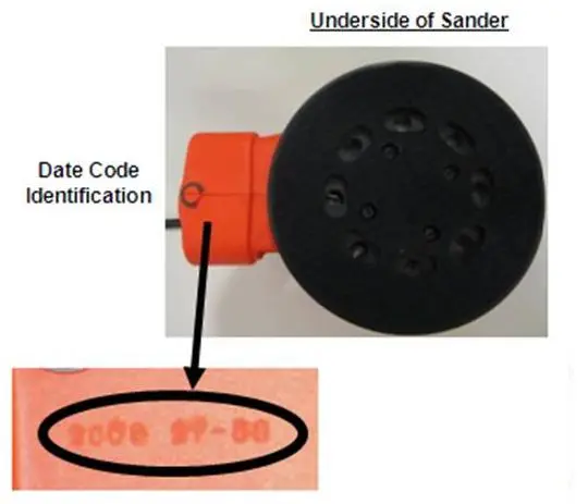 Underside of Recalled Random Orbit Sander showing date code identification
