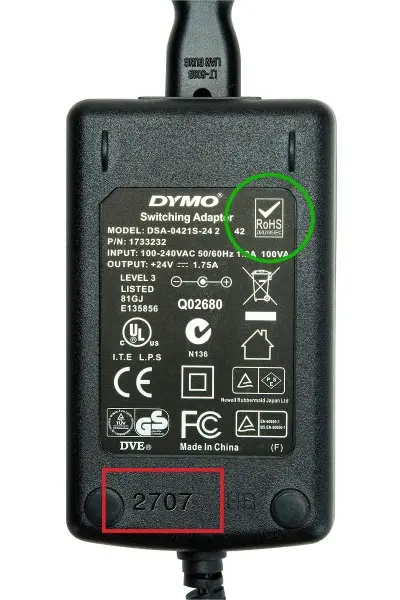 Power adapter with "RoHS" symbol not included in this recall