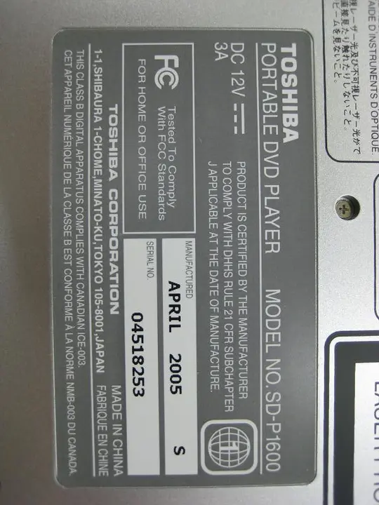 Rating Label on the Bottom of the Cabinet for the DVD Player