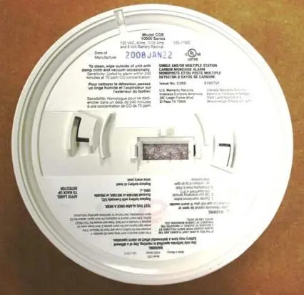Recalled 10000 Series Carbon Monoxide (CO) Alarm, back