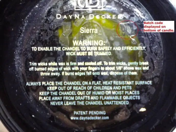 Batch code displayed on bottom of candle
