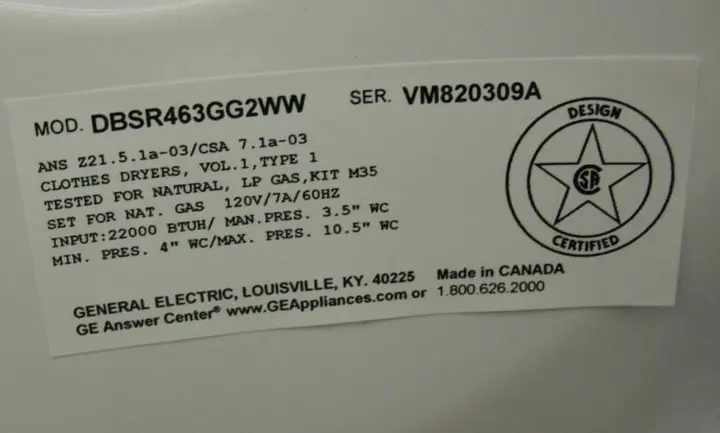 Recalled Gas Dryer Label