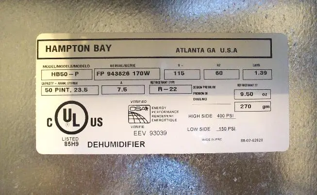 Picture of Recalled Dehumidifier Label