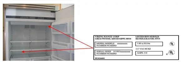 Recalled Refrigerator with label location indicated