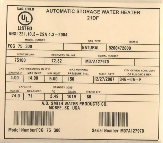 Recalled Gas Water Heater Label