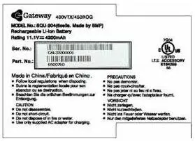 Recalled Gateway Lithium-Ion Battery Pack Label