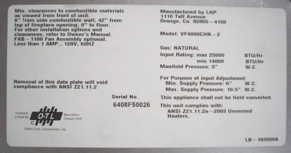 Sample Fireplace Rating Plate