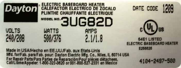 Recalled baseboard heater nameplate