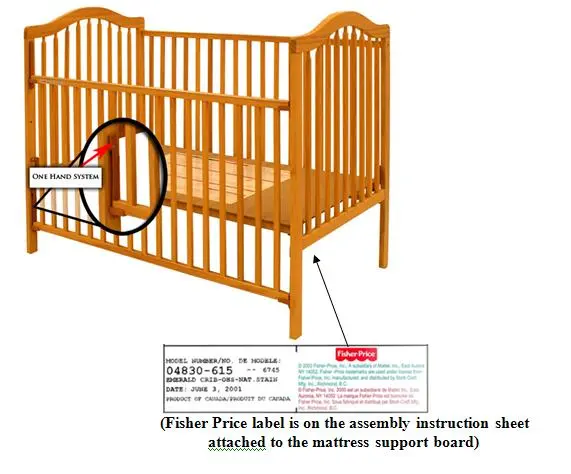 Picture of recalled one-hand system crib with Fisher Price label on the assembly instruction sheet attached to the mattress support board