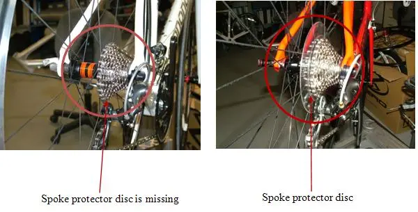 Spoke protector disc missing (left) and present (right)